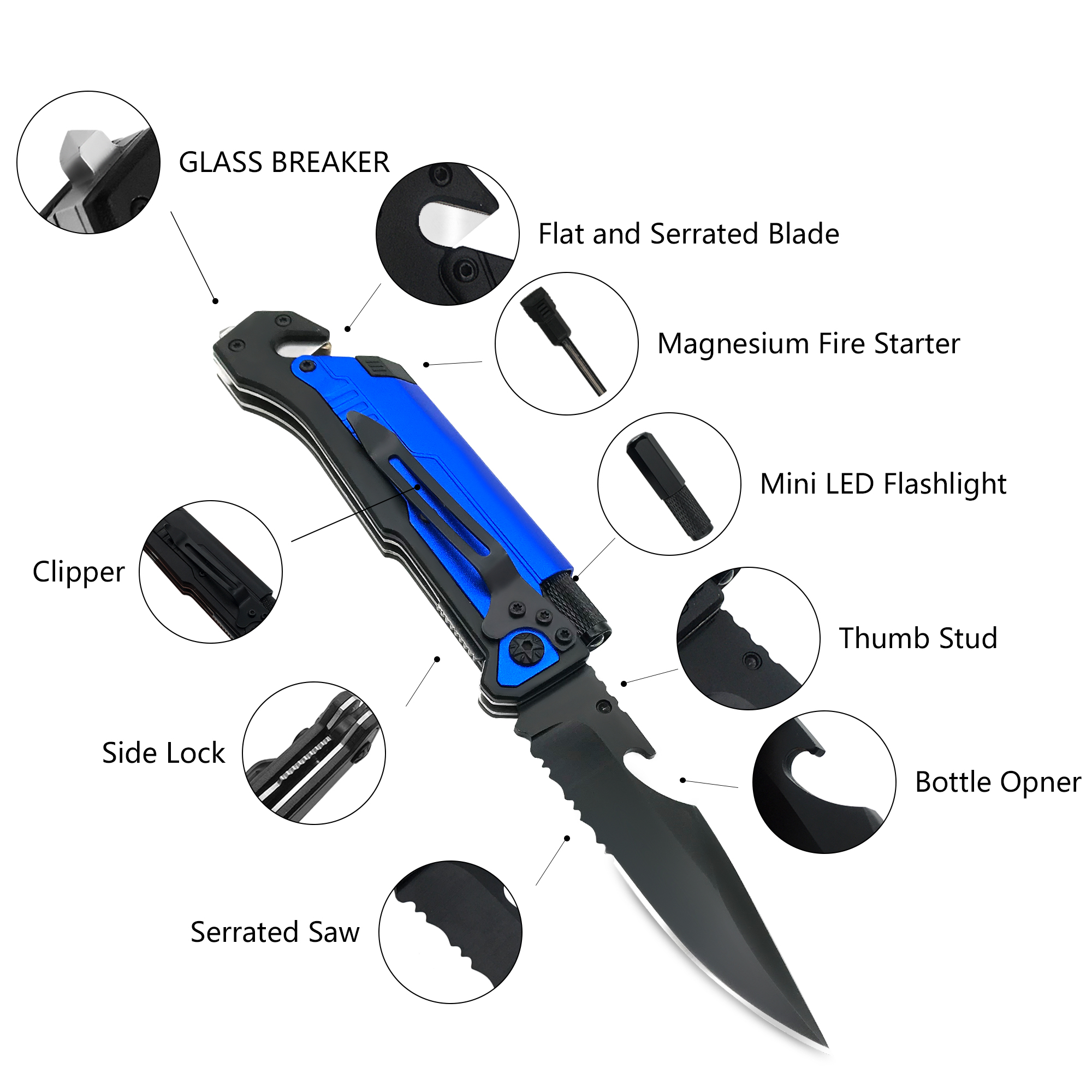 ALBATROSS FK001 Blue 6-in-1 Multi-Function Emergency Tool Survival Tactical Military Folding Pocket Knife