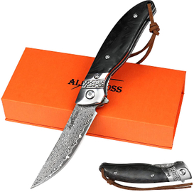 ALBATROSS HGDK028 Damascus Folding Pocket Knife with Luminous Carbon Handle, Ball Bearing Assisted Opening, 3