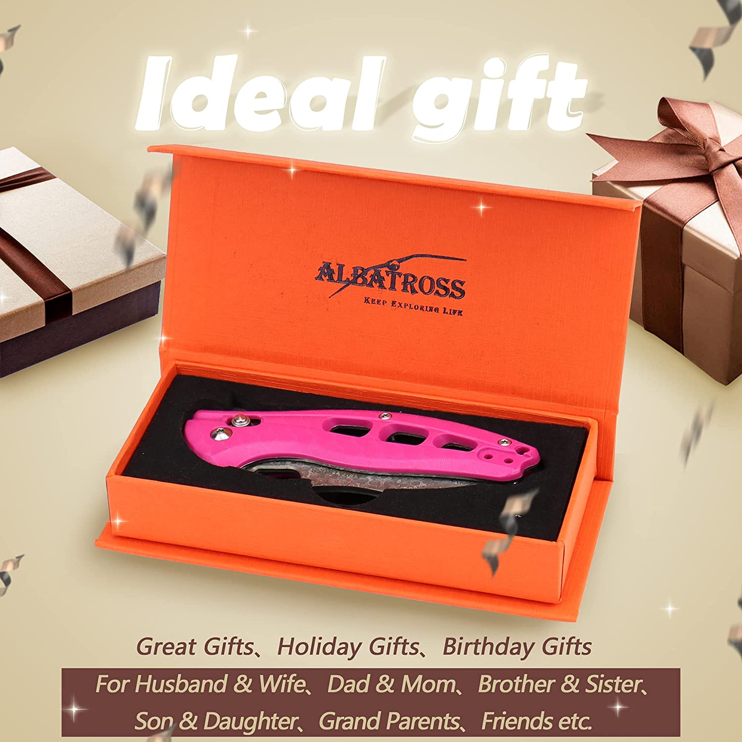 ALBATROSS Cool Flipper Axis Lock Opening Folding Pocket Knife with 3" Modern Damascus Steel Blade and 4.25" High Strength FRN Handle, Deep Carry Pocket Clip - Gifts Box FK036DA-PK