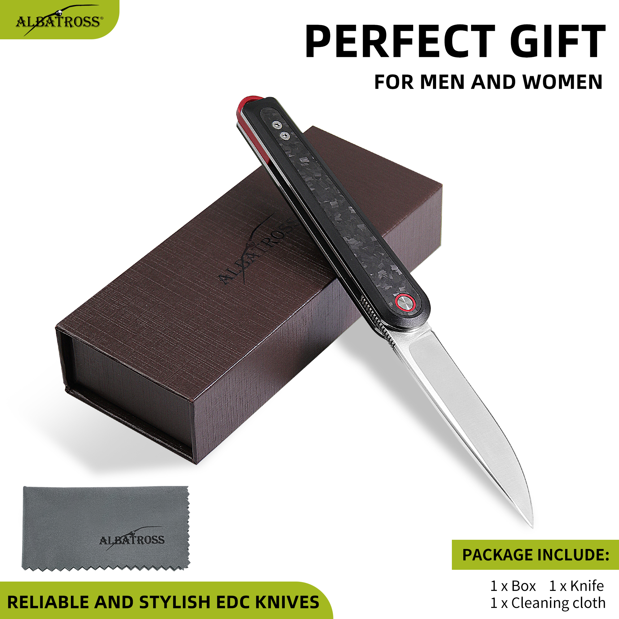 ALBATROSS 7.8" Classic D2 Blade Folding Pocket Knife, Aluminum & Carbon Fiber, Wood Handle, CNC Machined, Reversible Clip, Gift Boxed AS-24635 Series