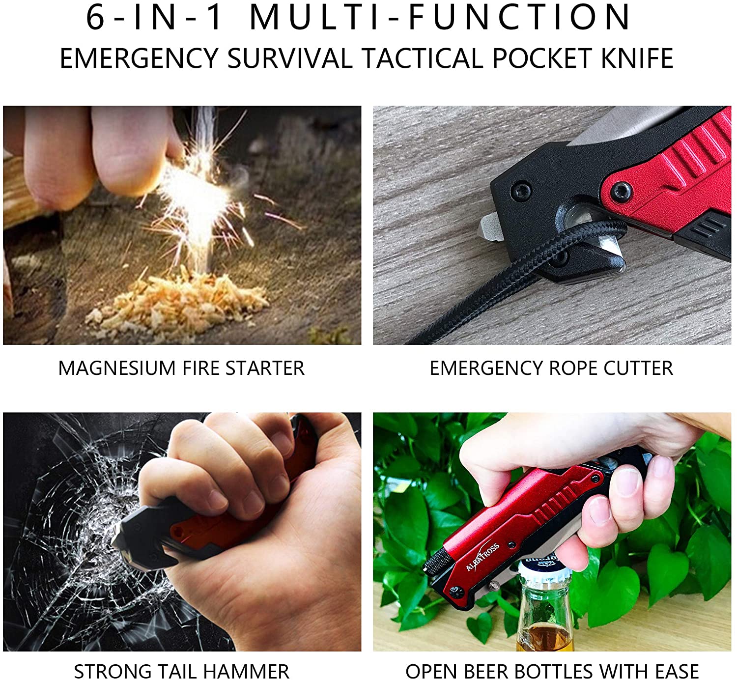 ALBATROSS 6-in-1 Survival Tactical Folding Pocket Knife with LED Light, Seatbelt Cutter, Glass Breaker, and Fire Starter (RED-SA)