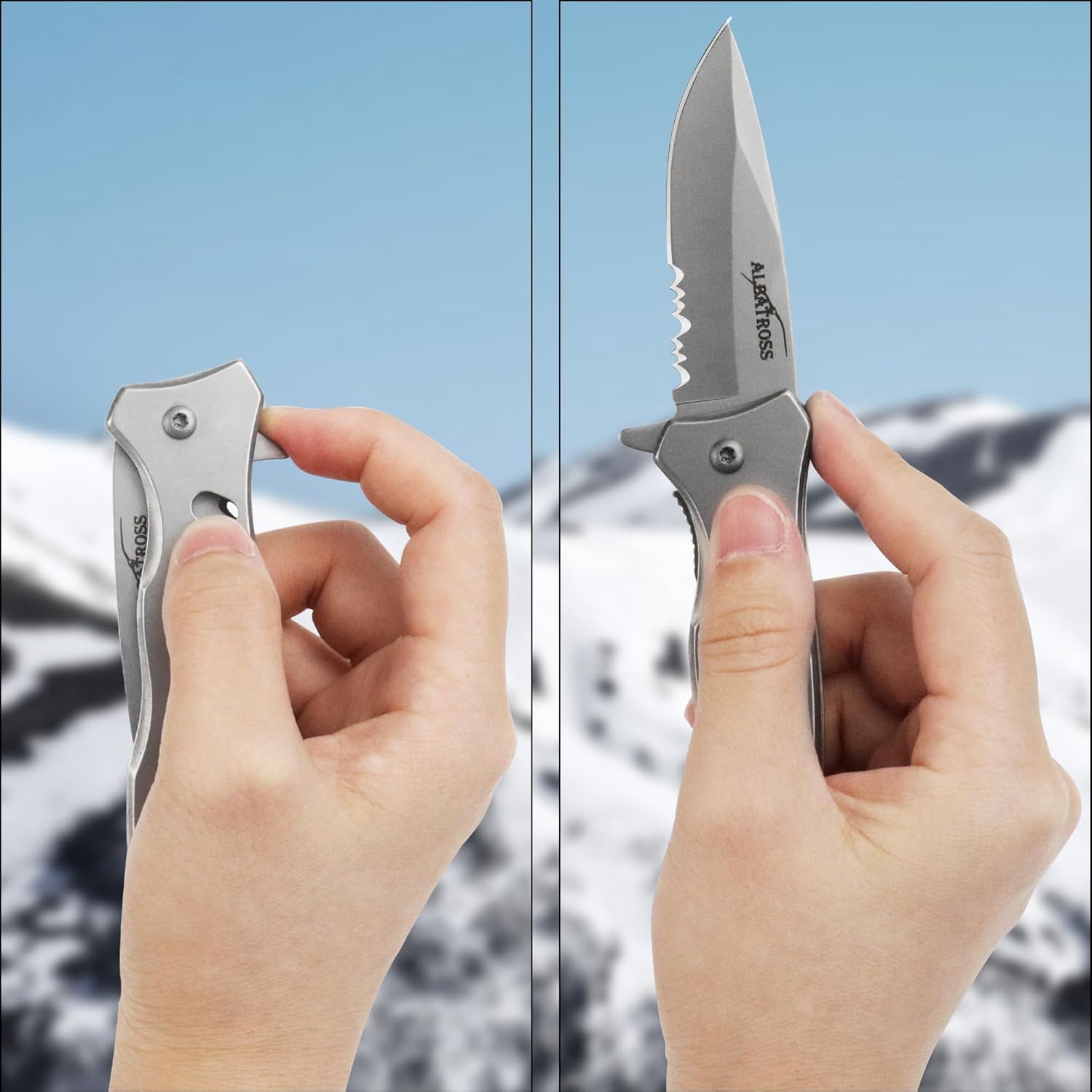 ALBATROSS FK003 Gray EDC Serrated Blade Stainless Steel Tactical Folding Pocket Knife,SpeedSafe Spring Assisted Opening Knifes with Liner Lock,Pocket clip,Glass Breaker,Seatbelt Cutter