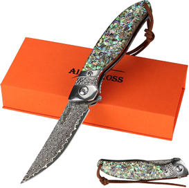 ALBATROSS HGDK028 Damascus Folding Pocket Knife with Abalone Shell Handle, Ball Bearing Assisted Opening, 3