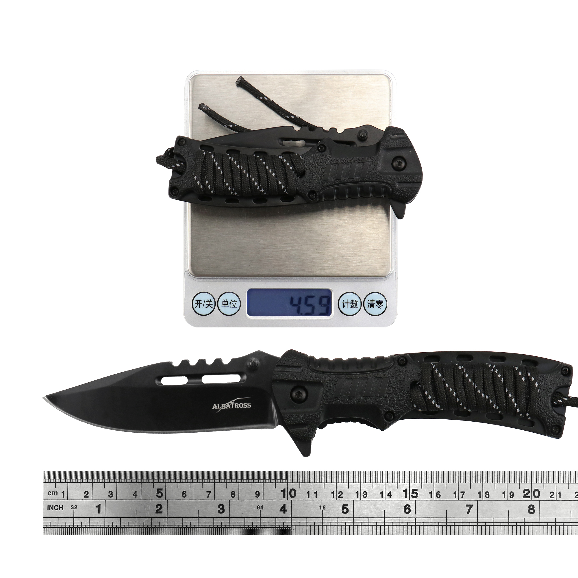 ALBATROSS FK020 Multifunctional Spring-Assisted Camping Pocket Knife - 3.5" Black Blade, 4.75" Handle, with Built-in Fire Starter, Whistle, Paracord, and Liner Lock Essential EDC Tool (BLACK)