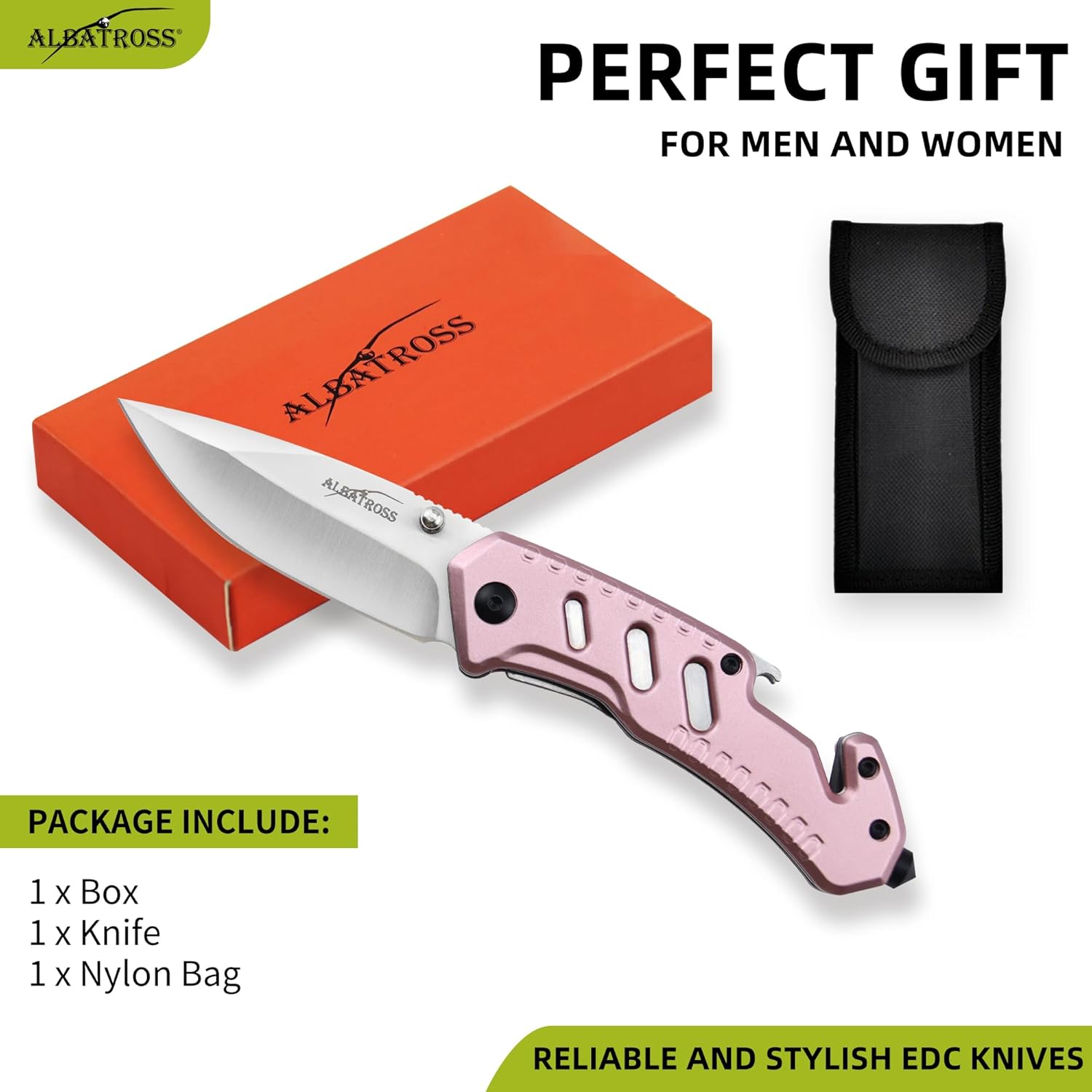 ALBATROSS 7" Classic Multifunction Folding Knife with Satin Coated Blade, Bottle Opener, Glass Hammer, and Rope Cutter - Aluminum Handle, AS-23265-PK