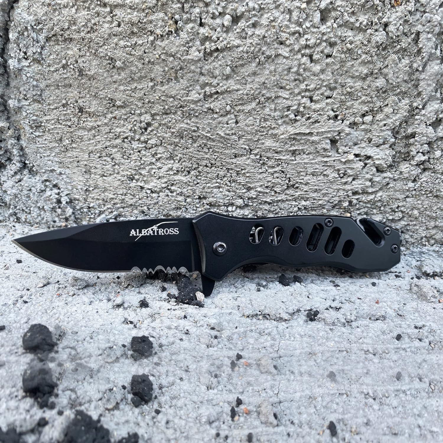 ALBATROSS FK003 BLACK EDC Serrated Blade Stainless Steel Tactical Folding Pocket Knife,SpeedSafe Spring Assisted Opening Knifes with Liner Lock,Pocket clip,Glass Breaker,Seatbelt Cutter