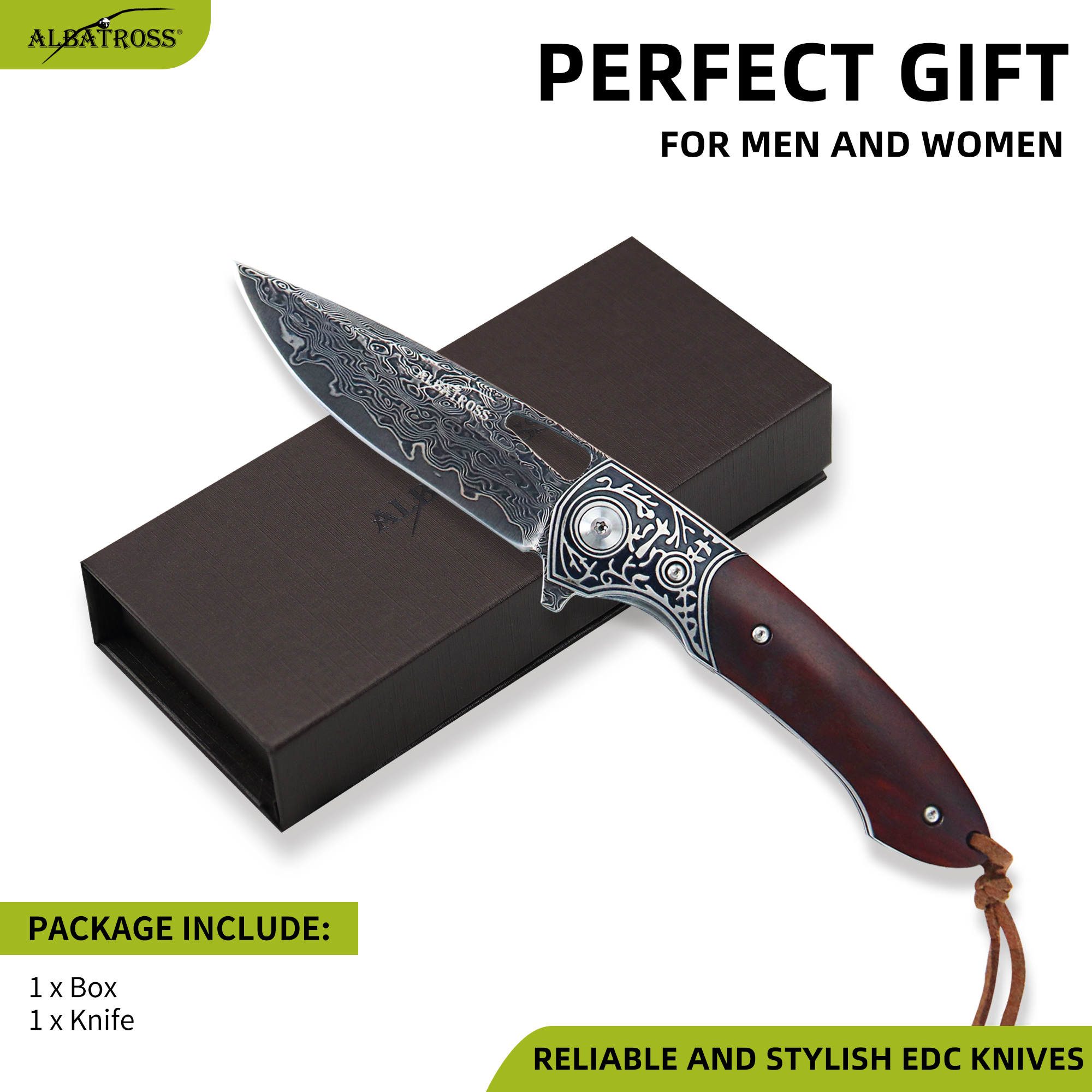 ALBATROSS HGDK032 Premium Folding Pocket Knife - 3" Damascus Steel Blade, Yellow Sandalwood Handle - Compact Outdoor EDC Tool for Camping, Fishing, Hiking