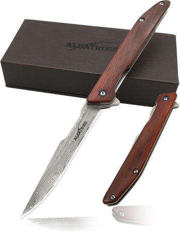 8" EDC Damascus Steel Pocket Knife Folder With Yellow Sandalwood Handle - HGDK025