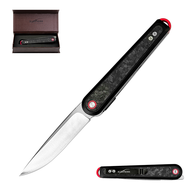 ALBATROSS 7.8" Classic D2 Blade Folding Pocket Knife, Aluminum & Carbon Fiber, Wood Handle, CNC Machined, Reversible Clip, Gift Boxed AS-24635 Series