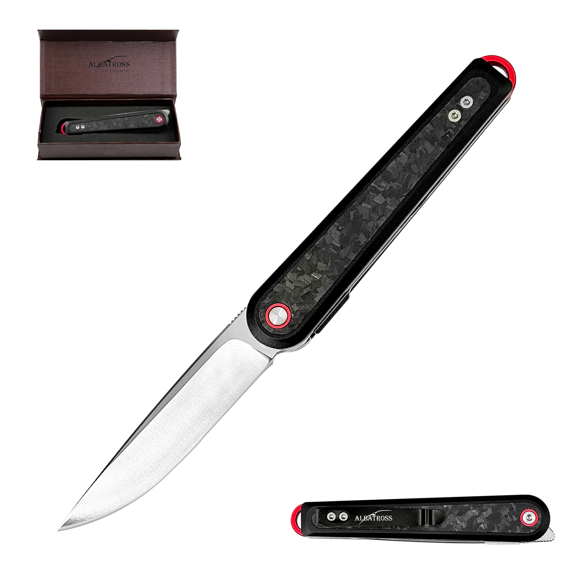 ALBATROSS 7.8" Classic D2 Blade Folding Pocket Knife, Aluminum & Carbon Fiber, Wood Handle, CNC Machined, Reversible Clip, Gift Boxed AS-24635 Series