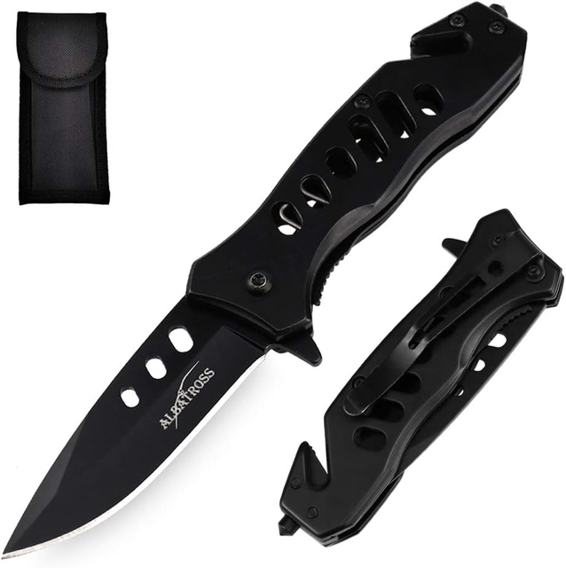 ALBATROSS FK003H Black EDC Stainless Steel Tactical Folding Pocket Knife,SpeedSafe Spring Assisted Opening Knifes with Liner Lock,Pocketclip,Glass Breaker,Seatbelt Cutter