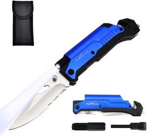 ALBATROSS 6-in-1 Survival Tactical Folding Pocket Knife with LED Light, Seatbelt Cutter, Glass Breaker, and Fire Starter (BLUE-SA)