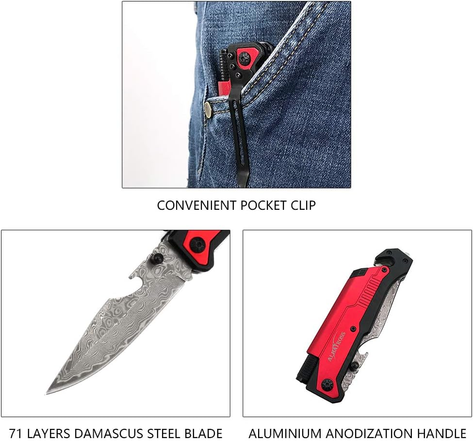 ALBATROSS 6-in-1 Damascus Steel Folding Pocket Knife with LED Light, Seatbelt Cutter, Glass Breaker, Fire Starter, Bottle Opener - Multi-Function Emergency Tool (RED)