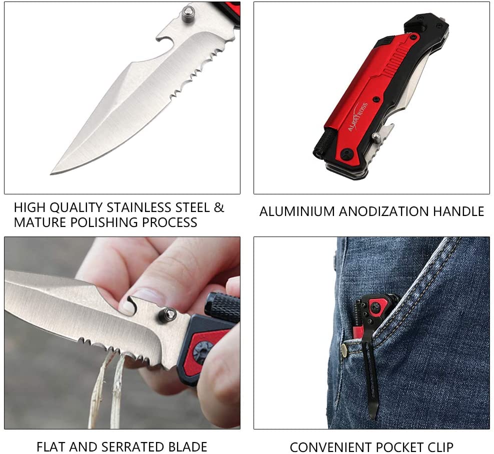 ALBATROSS 6-in-1 Survival Tactical Folding Pocket Knife with LED Light, Seatbelt Cutter, Glass Breaker, and Fire Starter (RED-SA)