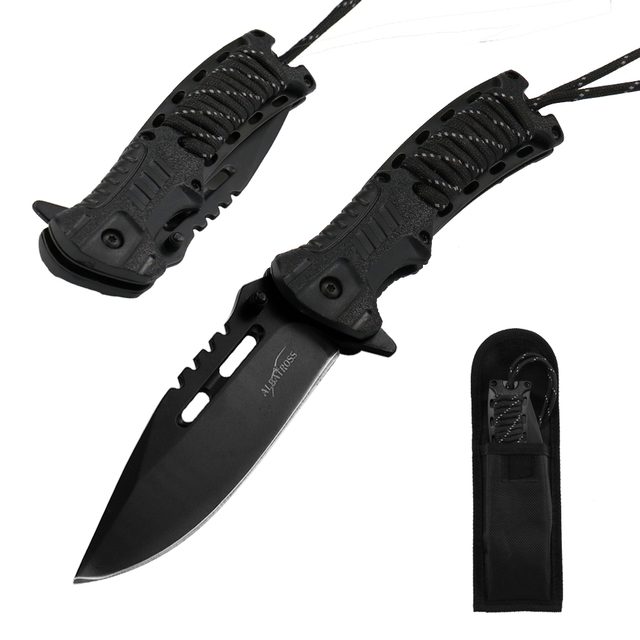 ALBATROSS FK020 Multifunctional Spring-Assisted Camping Pocket Knife - 3.5" Black Blade, 4.75" Handle, with Built-in Fire Starter, Whistle, Paracord, and Liner Lock Essential EDC Tool (BLACK)