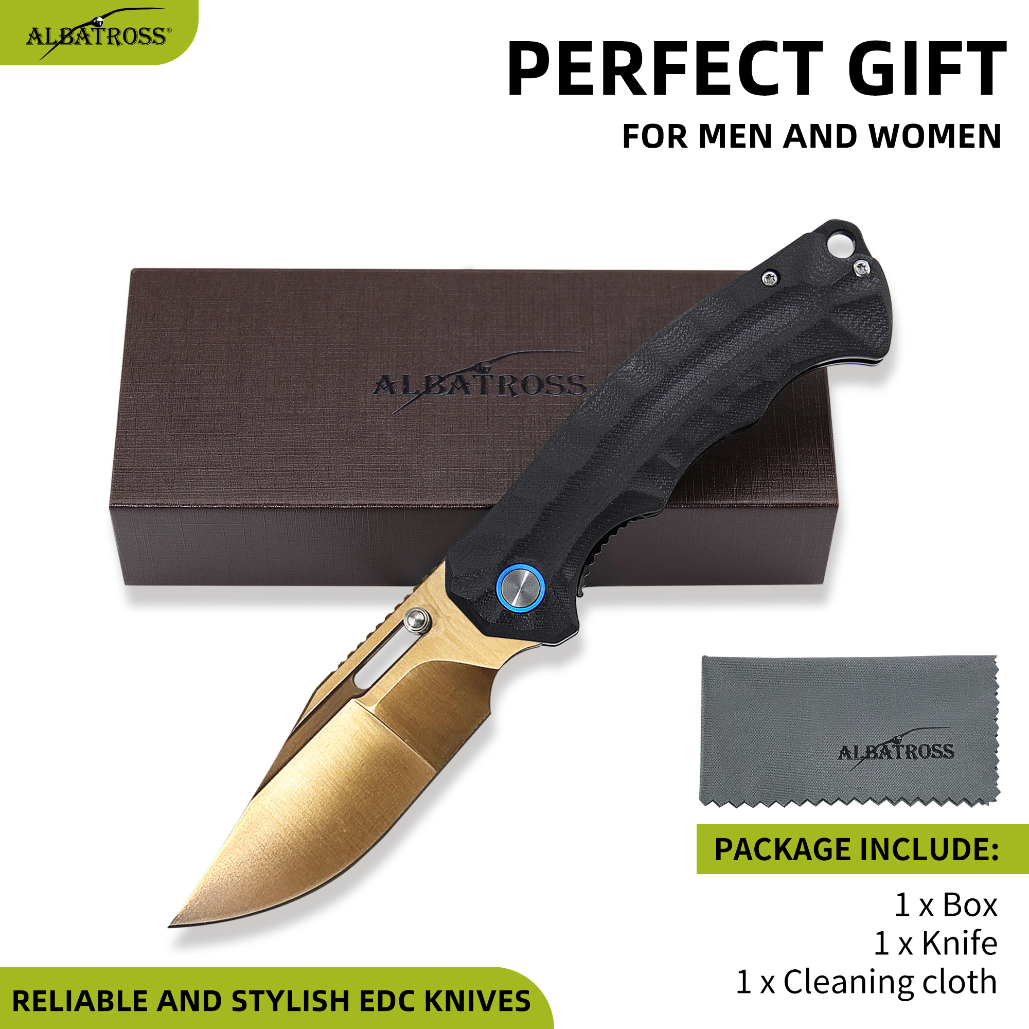 ALBATROSS EDC Classic Black & Gold Pocket Knife, Gold D2 Blade, G10 Handle, Liner Lock, Gift Box for Valentine‘s Day Birthday AS-24652-GBG