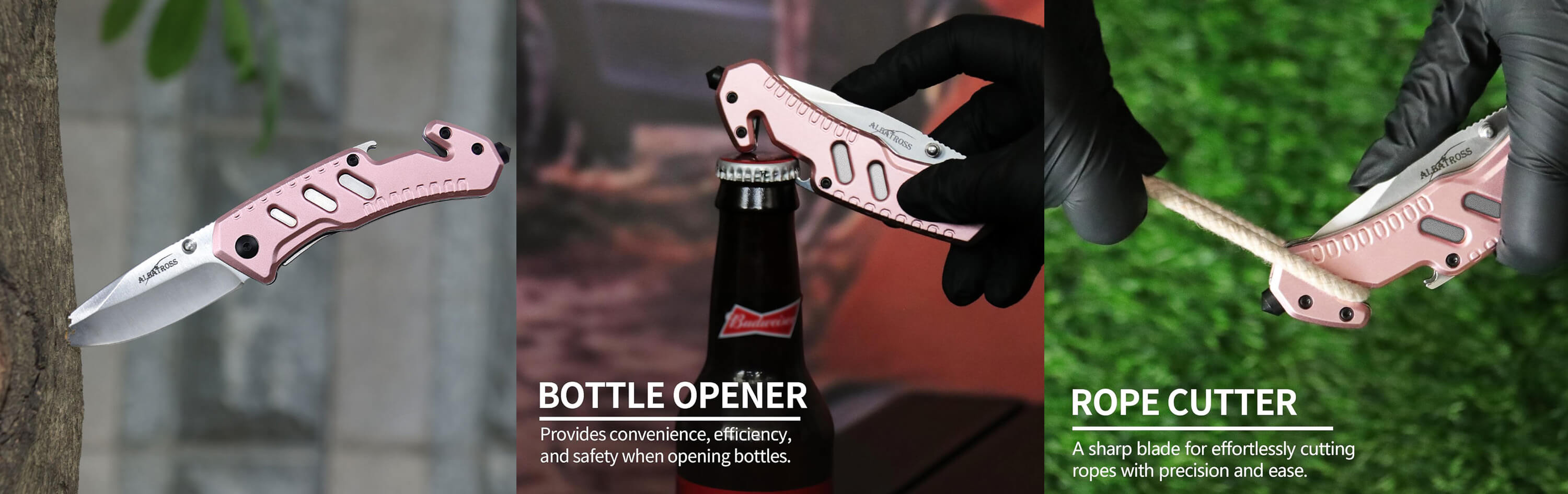 pink pocket knife with bottle openner and seatbelt cutter