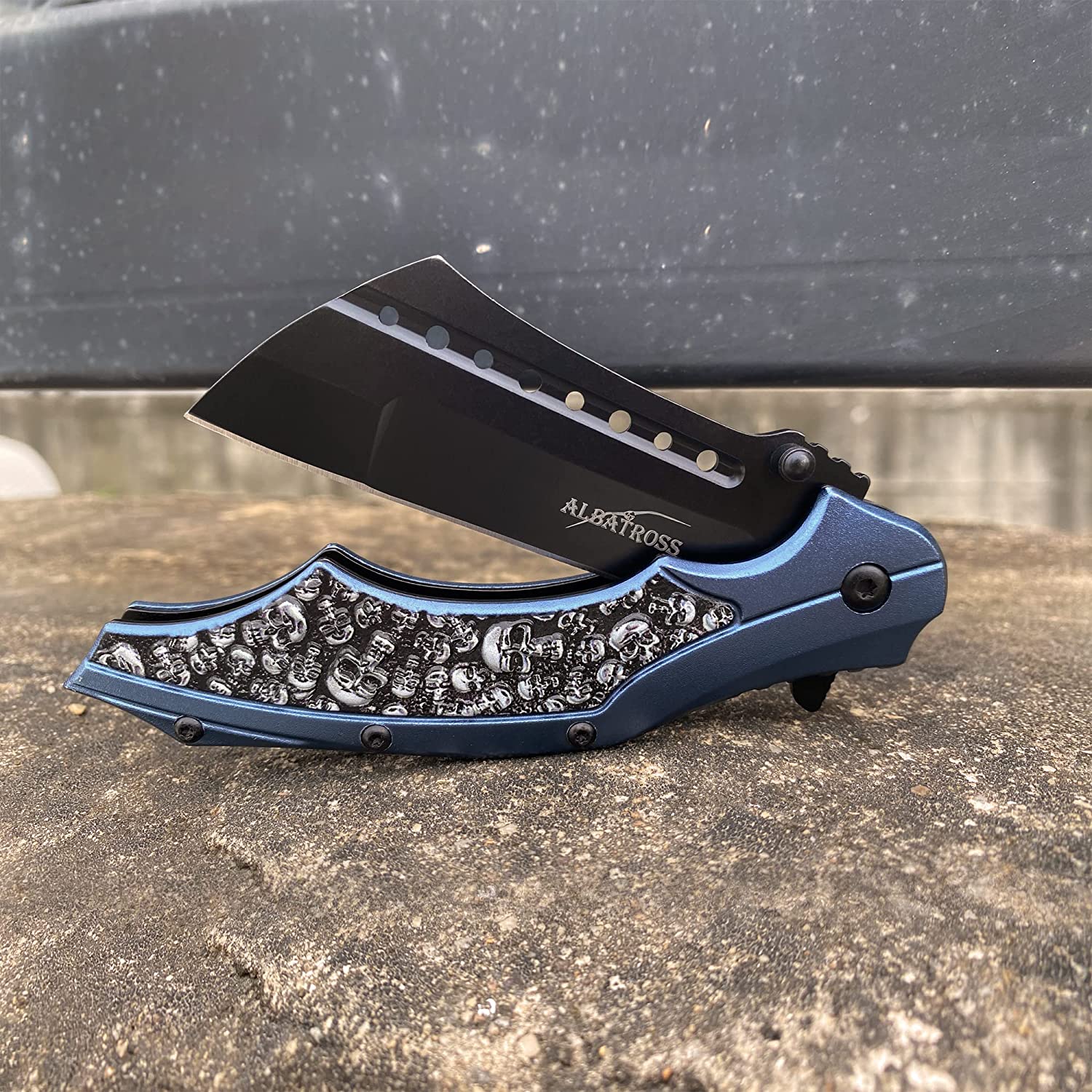 ALBATROSS FK006-BE Folding Pocket Knife, 3" Black Blade, 4.75" Aluminum Handle with the skull pattern, Liner Lock