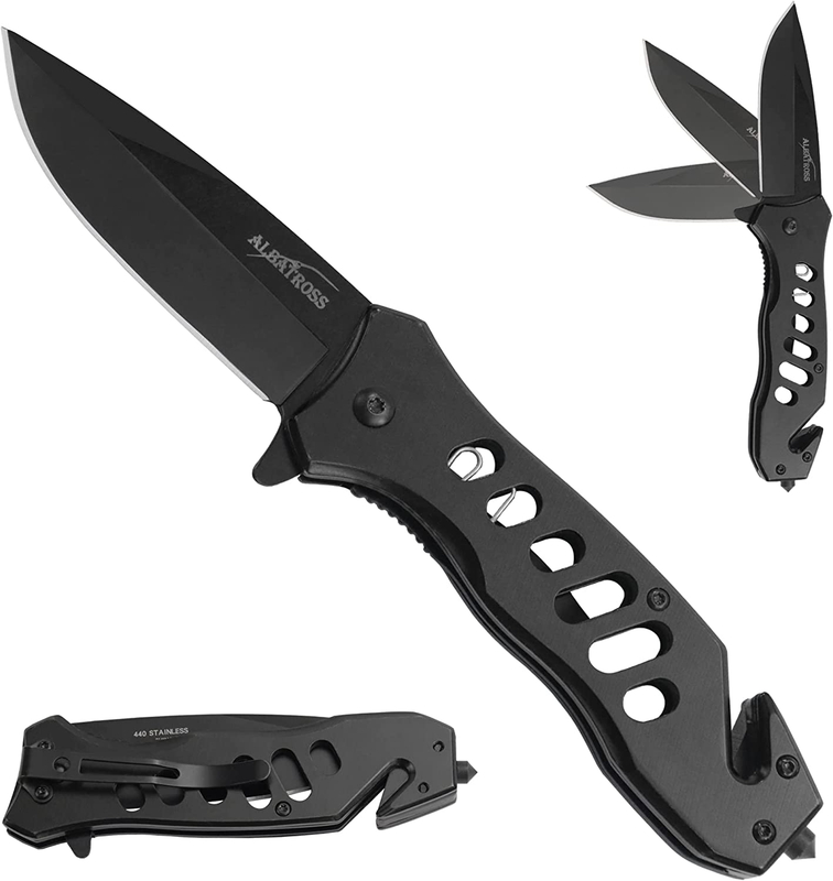 ALBATROSS 7.5" FK003 Black EDC Stainless Steel Tactical Folding Pocket Knife,SpeedSafe Spring Assisted Opening Knifes with Liner Lock,Pocketclip,Glass Breaker,Seatbelt Cutter