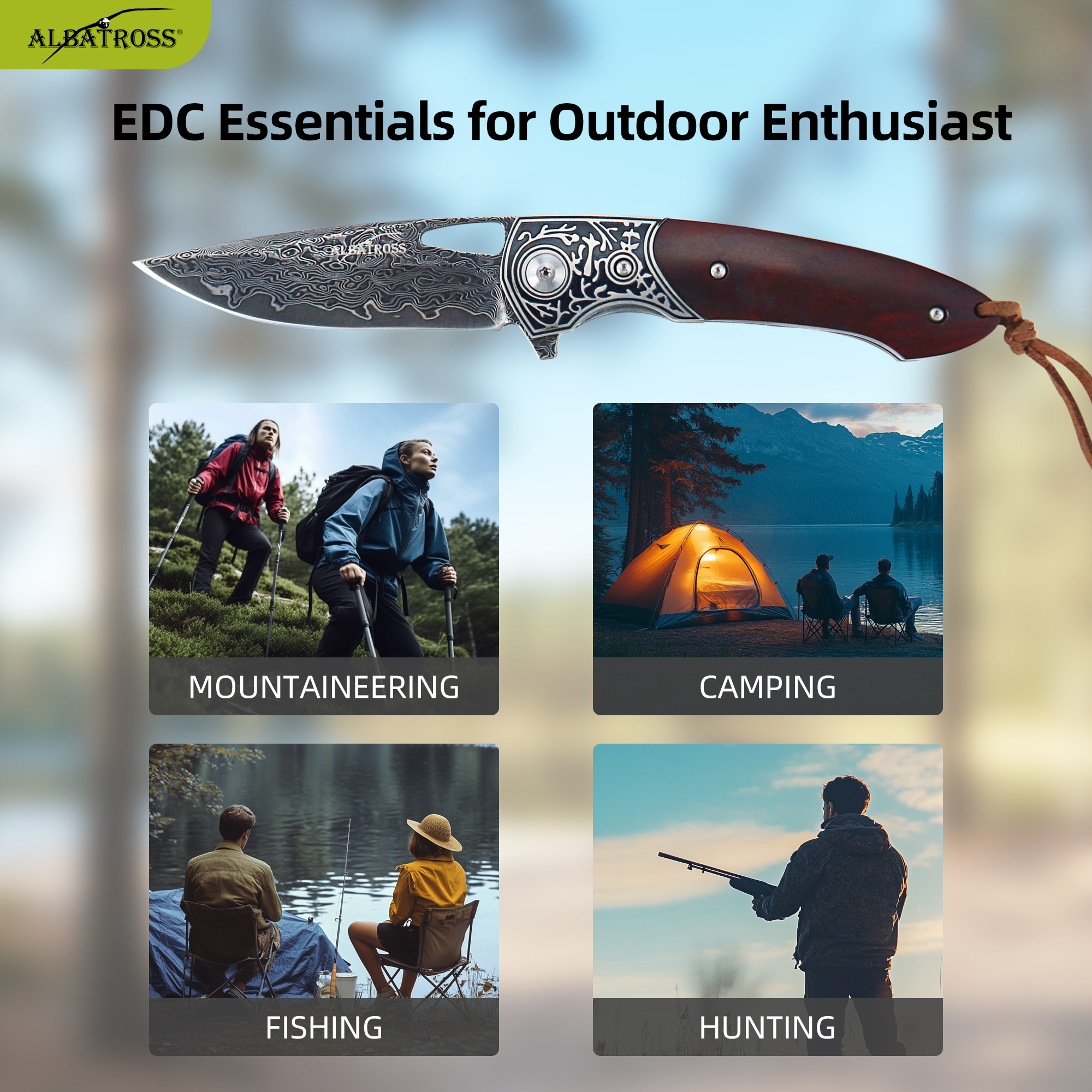 ALBATROSS HGDK032 Premium Folding Pocket Knife - 3" Damascus Steel Blade, Yellow Sandalwood Handle - Compact Outdoor EDC Tool for Camping, Fishing, Hiking