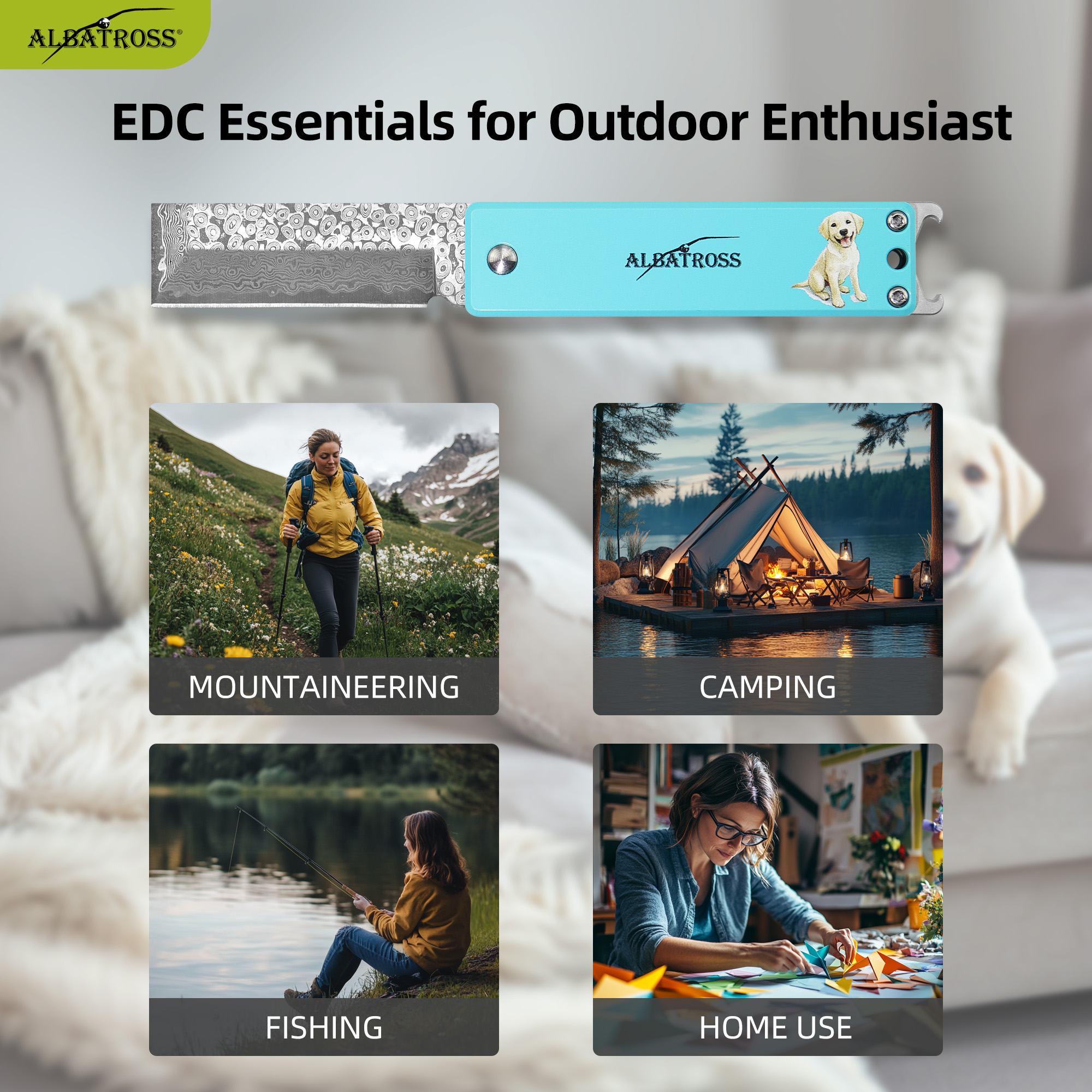 ALBATROSS Blue Damascus Cute Dog Pattern Pocket Knife - 3.5" Titanium Alloy, Box Cutter - Edc Keychain Gadgets with Bottle Opener, Christmas Gift for Cat Lovers