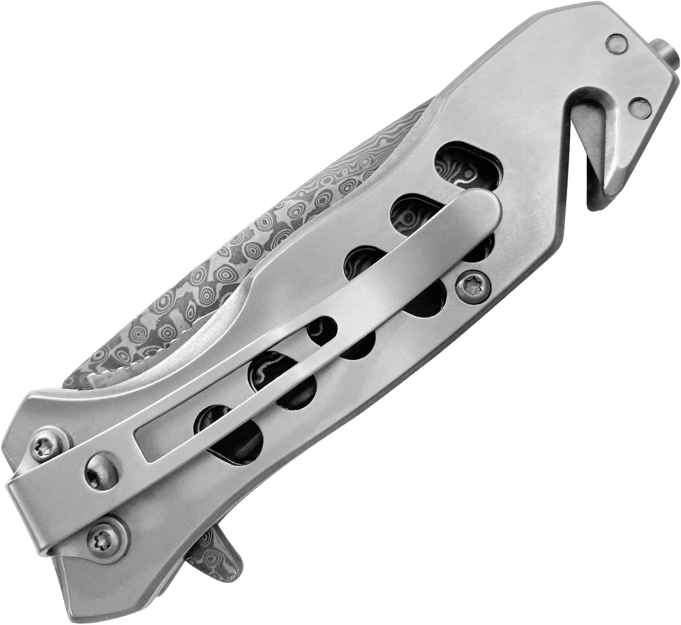 ALBATROSS FK003 Gray EDC Damascus Steel Tactical Folding Pocket Knife,SpeedSafe Spring Assisted Opening Knifes with Liner Lock,Pocketclip,Glass Breaker,Seatbelt Cutter