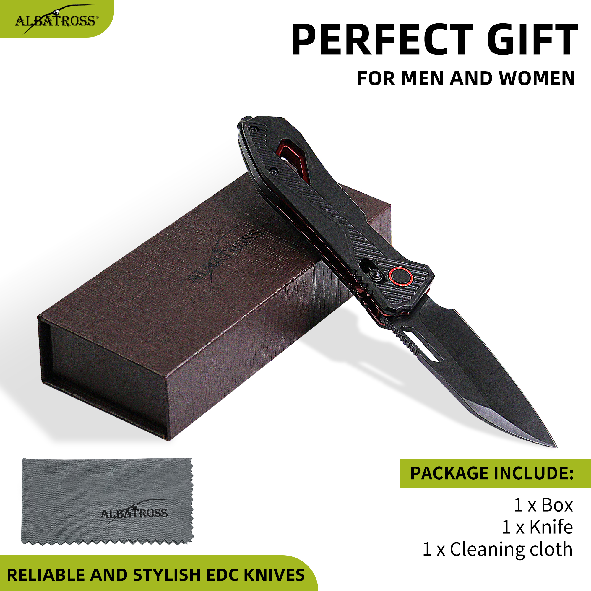 7.6" Folding Pocket Knife, 2.7" Black Blade, Red Black Anodized Aluminum Handle with Axis Lock and Glass Breaker, Premium Gift Box