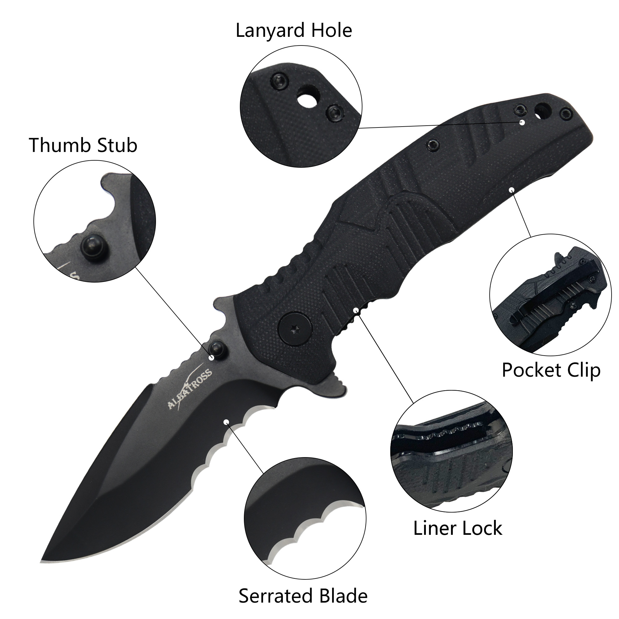 ALBATROSS EDC Pocket Knife - Tactical Folding Knife with D2 Steel Blade, Black G10 Handle, Deep Carry Clip - Outdoor Survival Gear for Men - AS-XH2186
