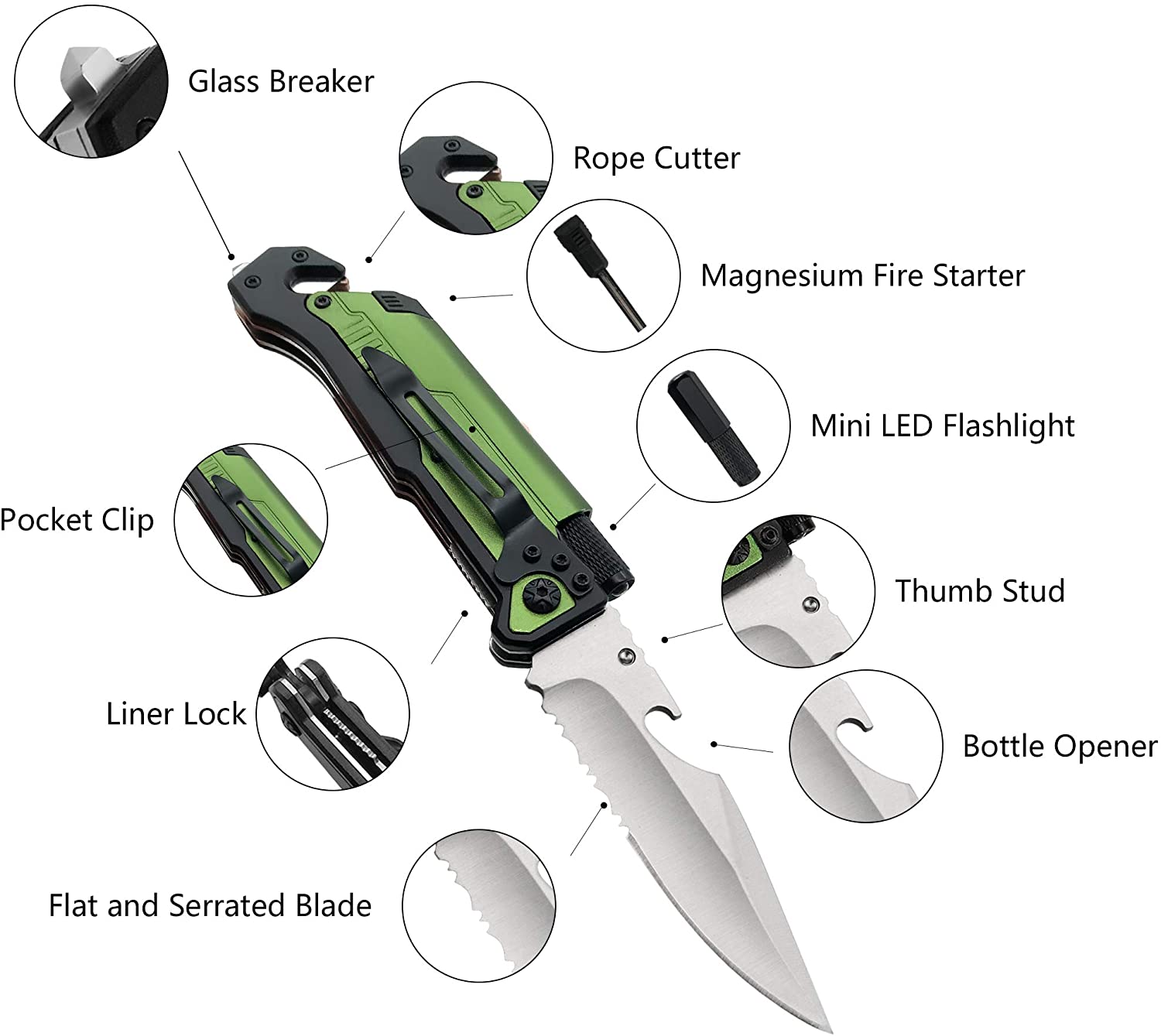 ALBATROSS 6-in-1 Survival Tactical Folding Pocket Knife with LED Light, Seatbelt Cutter, Glass Breaker, and Fire Starter (GREEN-SA)