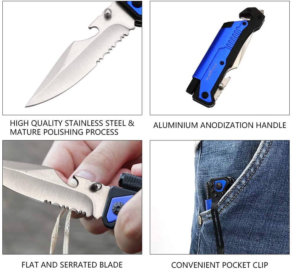 ALBATROSS 6-in-1 Survival Tactical Folding Pocket Knife with LED Light, Seatbelt Cutter, Glass Breaker, and Fire Starter (BLUE-SA)