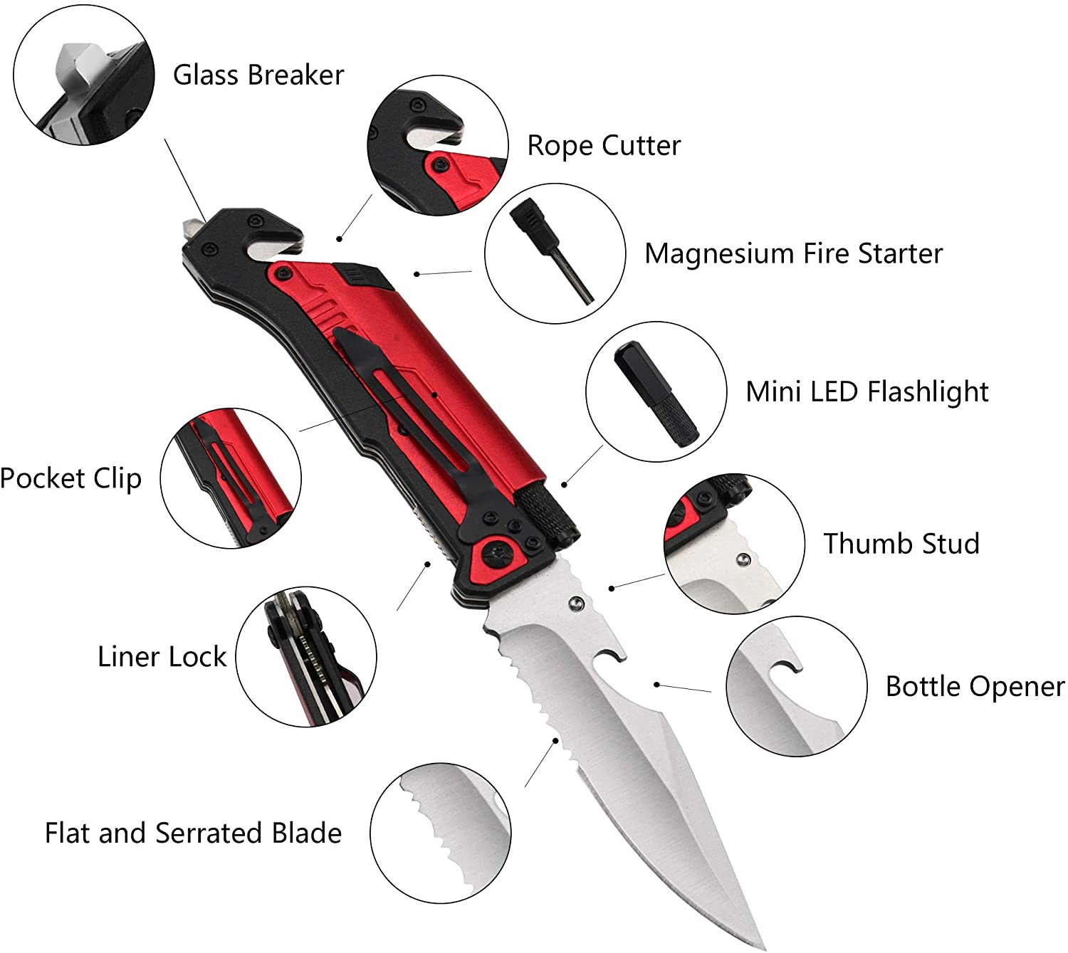ALBATROSS 6-in-1 Survival Tactical Folding Pocket Knife with LED Light, Seatbelt Cutter, Glass Breaker, and Fire Starter (RED-SA)