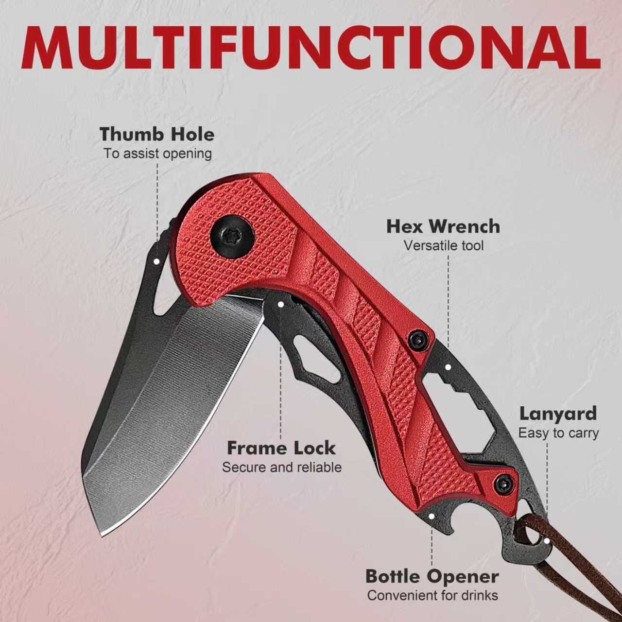 ALBATROSS Small Folding Knife with Bottle Opener and Wrench, Pocket knife EDC Gadgets for Daily Use,Gift for Men & Women, AS-23288 (Red)