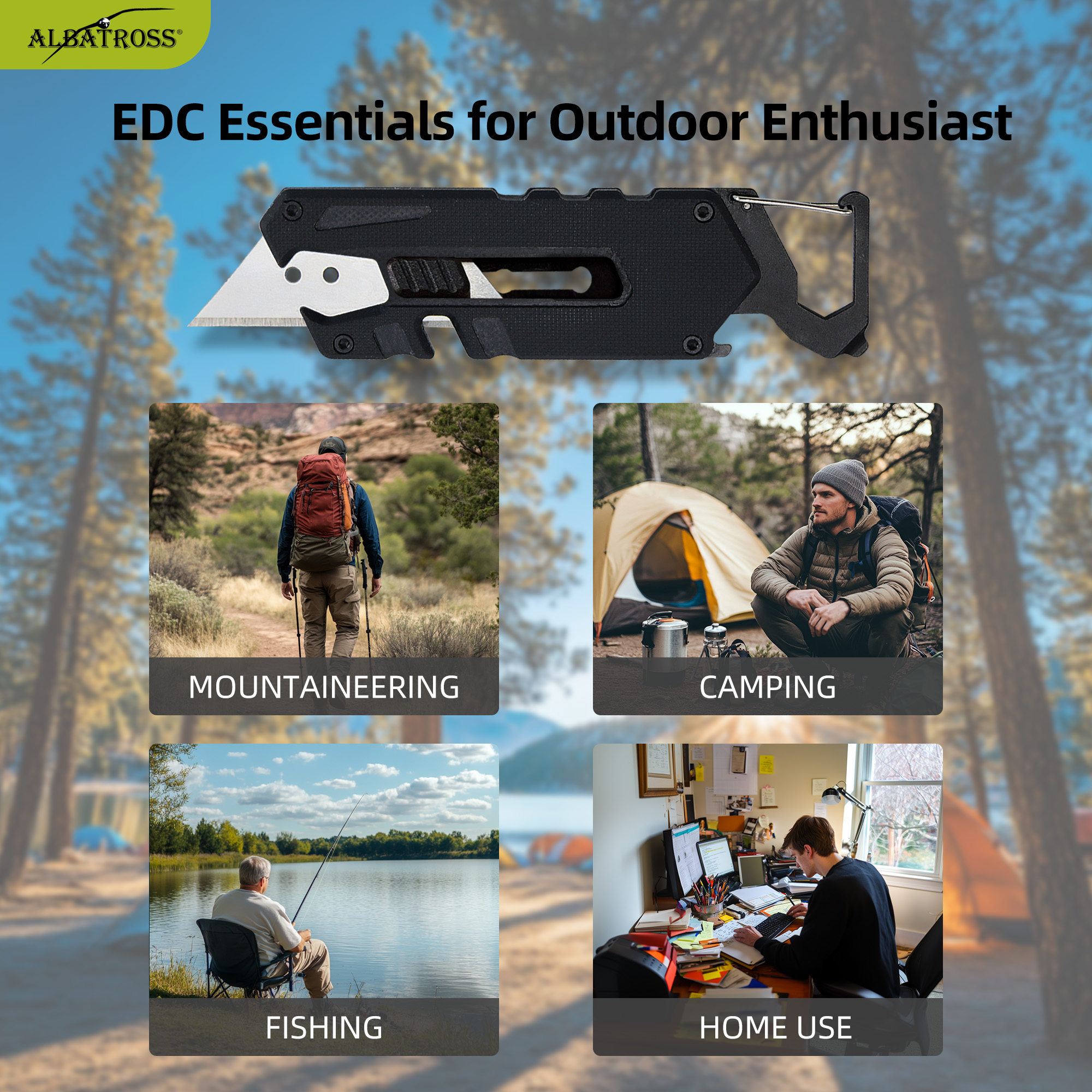 ALBATROSS Utility Knife - Multi-Tool with Replaceable Razor Blade, Screwdrivers, Rope Cutter, and Bottle Opener, G10 Handle, Includes 3 Extra Replacement Blades (Black)