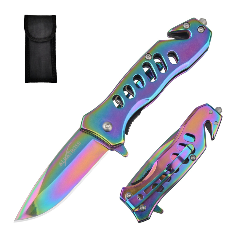 ALBATROSS FK003 Rainbow EDC Stainless Steel Tactical Folding Pocket Knife,SpeedSafe Spring Assisted Opening Knifes with Liner Lock,Pocketclip,Glass Breaker,Seatbelt Cutter
