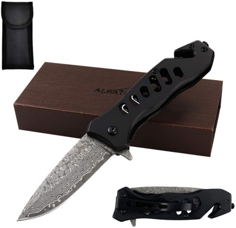 ALBATROSS FK003 Black EDC Damascus Steel Tactical Folding Pocket Knife,SpeedSafe Spring Assisted Opening Knifes with Liner Lock,Pocketclip,Glass Breaker,Seatbelt Cutter