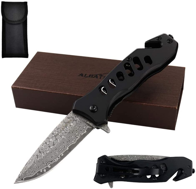 ALBATROSS FK003 Black EDC Damascus Steel Tactical Folding Pocket Knife,SpeedSafe Spring Assisted Opening Knifes with Liner Lock,Pocketclip,Glass Breaker,Seatbelt Cutter