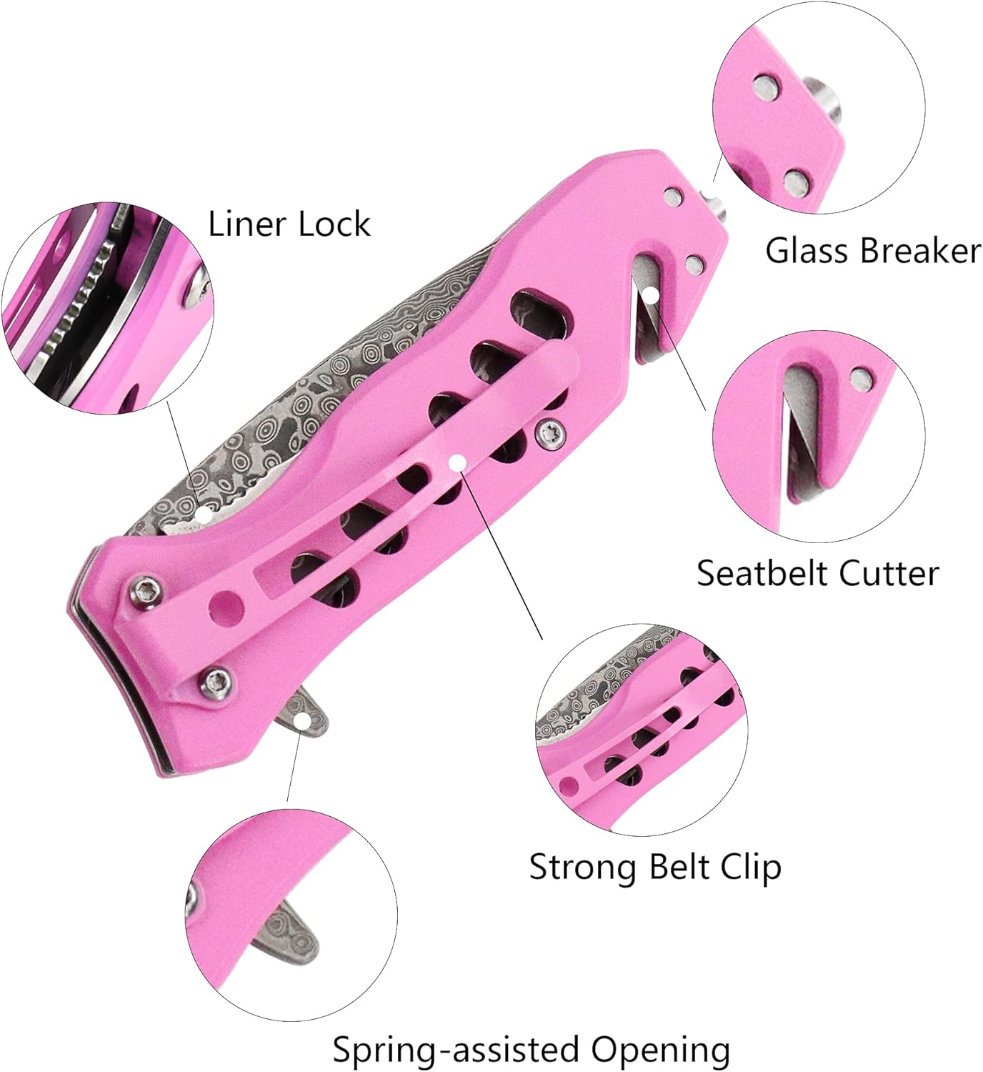 ALBATROSS FK003 Pink EDC Damascus Steel Tactical Folding Pocket Knife,SpeedSafe Spring Assisted Opening Knifes with Liner Lock,Pocketclip,Glass Breaker,Seatbelt Cutter