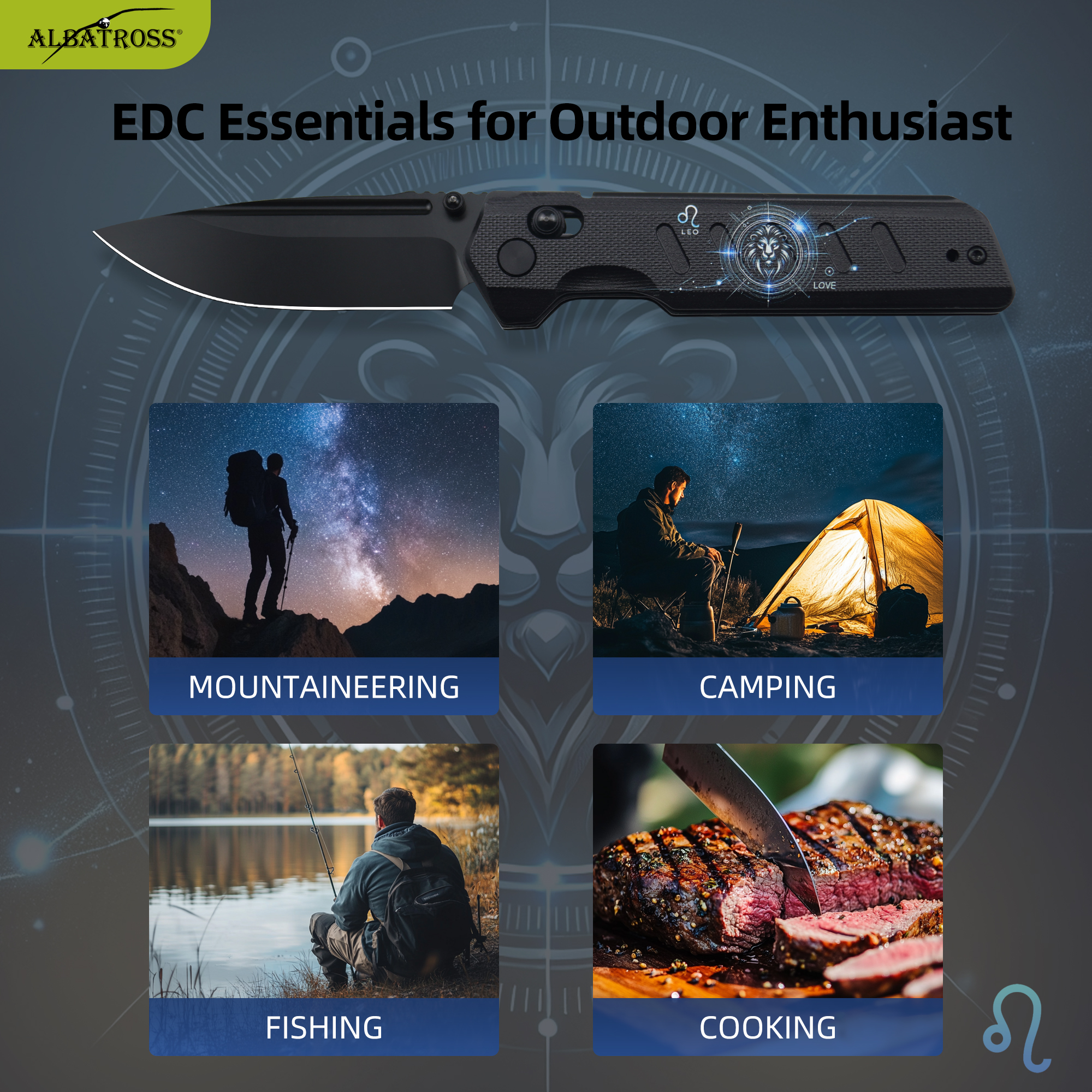 ALBATROSS Leo VG10 Steel Pocket Folding Knife - 4.3" G10 Handle, Axis Lock, EDC Camping Hunting, Zodiac Collection Gift, Handmade Gift Box