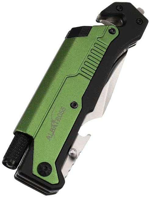ALBATROSS 6-in-1 Survival Tactical Folding Pocket Knife with LED Light, Seatbelt Cutter, Glass Breaker, and Fire Starter (GREEN-SA)