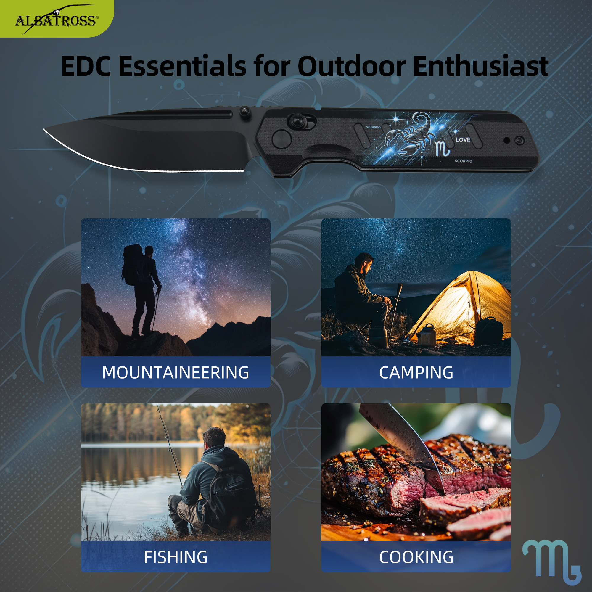 ALBATROSS Scorpio VG10 Steel Pocket Folding Knife - 4.3" G10 Handle, Axis Lock, EDC Camping Hunting, Zodiac Collection Gift, Handmade Gift Box