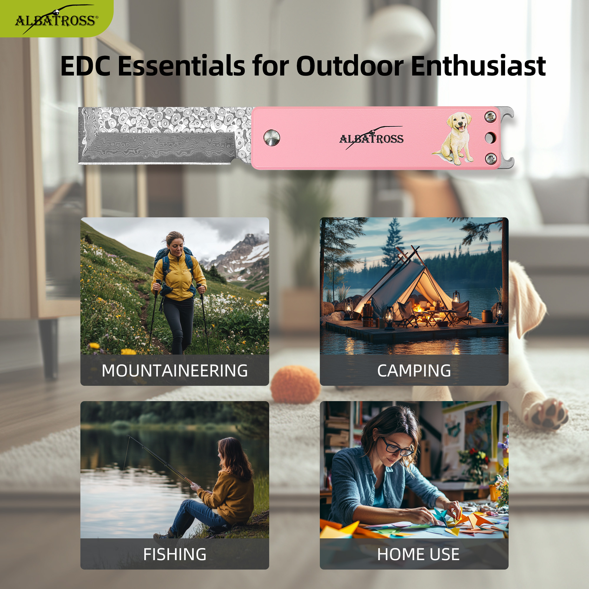 ALBATROSS Pink Damascus Folding Pocket Knife – Cute Dog Design EDC Knife for Women with Bottle Opener & Gift Box