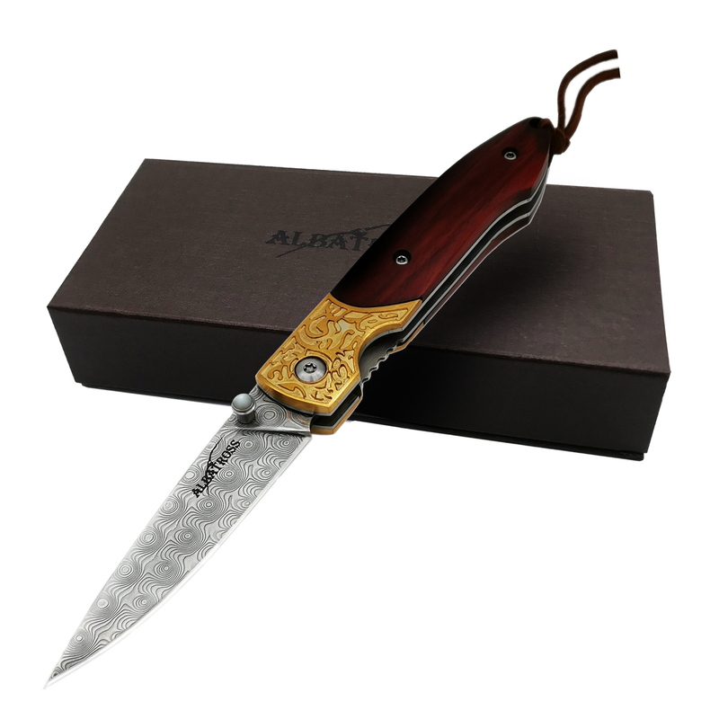 ALBATROSS HGDK012 Damascus Steel Knife Ebony Wood Handle 7" EDC Folding Pocket Knife