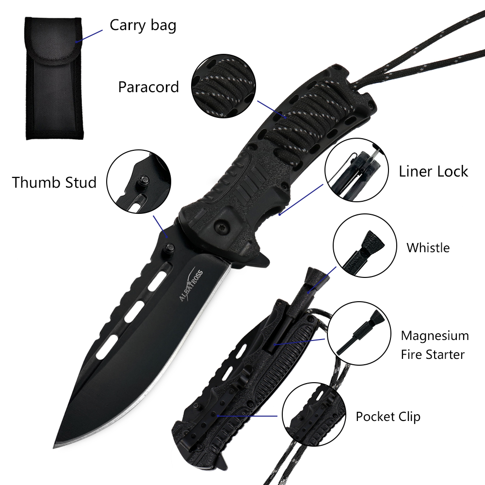 ALBATROSS FK020 Multifunctional Spring-Assisted Camping Pocket Knife - 3.5" Black Blade, 4.75" Handle, with Built-in Fire Starter, Whistle, Paracord, and Liner Lock Essential EDC Tool (BLACK)