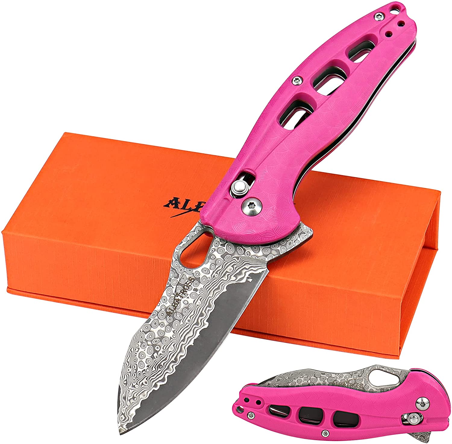 ALBATROSS Cool Flipper Axis Lock Opening Folding Pocket Knife with 3" Modern Damascus Steel Blade and 4.25" High Strength FRN Handle, Deep Carry Pocket Clip - Gifts Box FK036DA-PK
