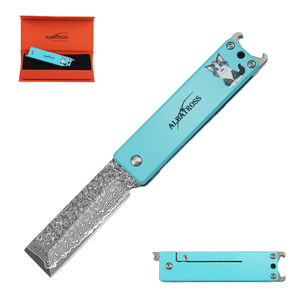 ALBATROSS Blue Damascus Cute Cat Pattern Pocket Knife - 3.5" Titanium Alloy, Box Cutter - Edc Keychain Gadgets with Bottle Opener, Christmas Gift for Cat Lovers