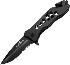 ALBATROSS FK003 BLACK EDC Serrated Blade Stainless Steel Tactical Folding Pocket Knife,SpeedSafe Spring Assisted Opening Knifes with Liner Lock,Pocket clip,Glass Breaker,Seatbelt Cutter