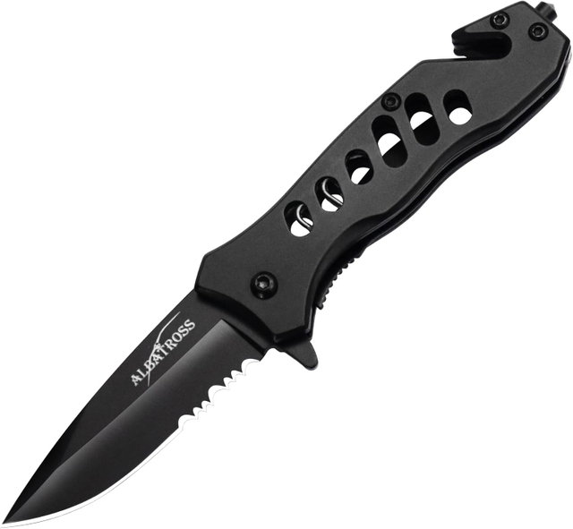 ALBATROSS FK003 BLACK EDC Serrated Blade Stainless Steel Tactical Folding Pocket Knife,SpeedSafe Spring Assisted Opening Knifes with Liner Lock,Pocket clip,Glass Breaker,Seatbelt Cutter