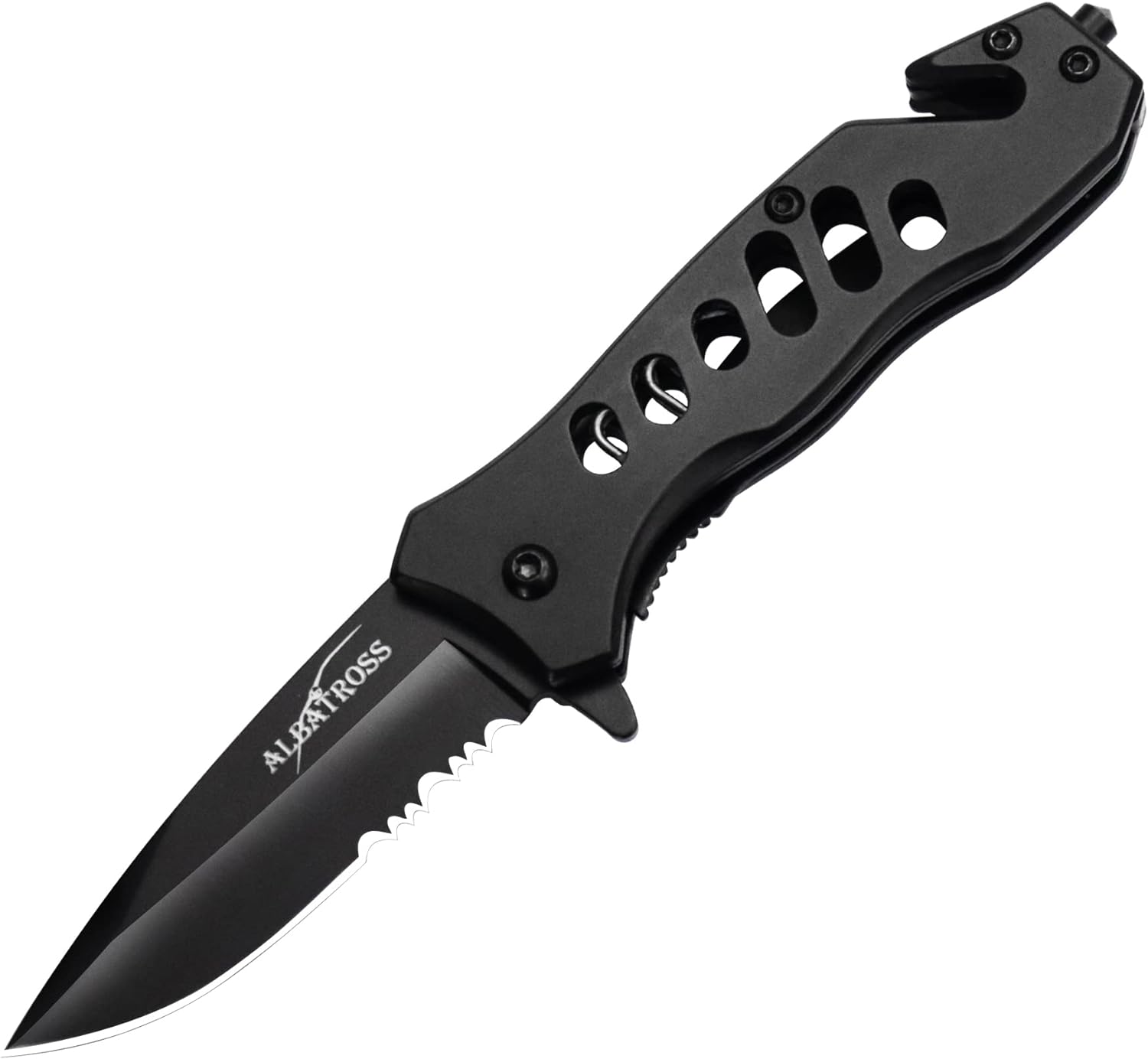 ALBATROSS FK003 BLACK EDC Serrated Blade Stainless Steel Tactical Folding Pocket Knife,SpeedSafe Spring Assisted Opening Knifes with Liner Lock,Pocket clip,Glass Breaker,Seatbelt Cutter
