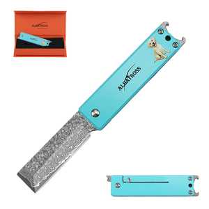 ALBATROSS Blue Damascus Cute Dog Pattern Pocket Knife - 3.5" Titanium Alloy, Box Cutter - Edc Keychain Gadgets with Bottle Opener, Christmas Gift for Cat Lovers