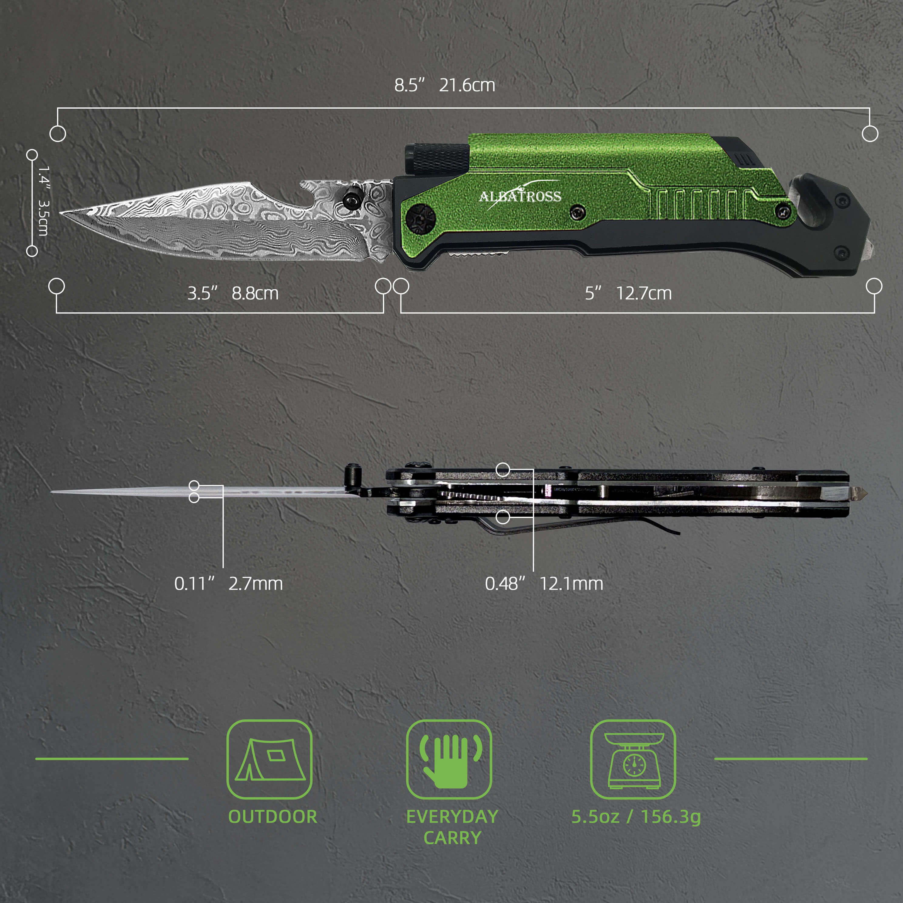 Damascus Multitool Knife with LED Light & Fire Starter – 6-in-1 Pocket Knife FK001DA